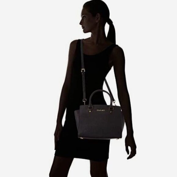 MK MICHAEL KORS SELMA Saffiano Leather Black Gold detach strap 12.5 x 9 x 4.5" - Picture 4 of 16